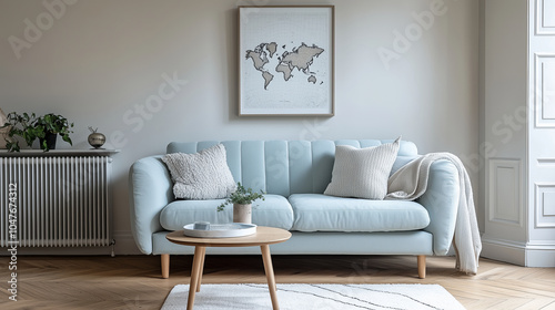 Wallpaper Mural Minimalist interior design of modern living room with light blue sofa, world map wall art, and wooden coffee table
 Torontodigital.ca