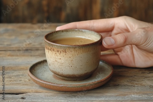 Warm coffee in a handmade cup on a wooden table with greenery in a cozy cafe ...