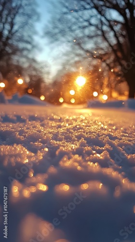 Soft sunlight reflects off the snow, creating a magical winter atmosphere