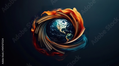 A creative logo concept featuring intertwined elements like books and a globe, forming the year 2025, representing knowledge and exploration photo