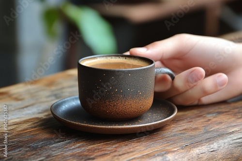Warm coffee in a handmade cup on a wooden table with greenery in a cozy cafe ...