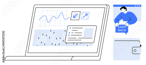 Laptop displaying data charts and analytics. Person offers cashback. Wallet icon. Ideal for financial technology, data analysis, online transactions, cashback programs, digital wallets. Simple vector