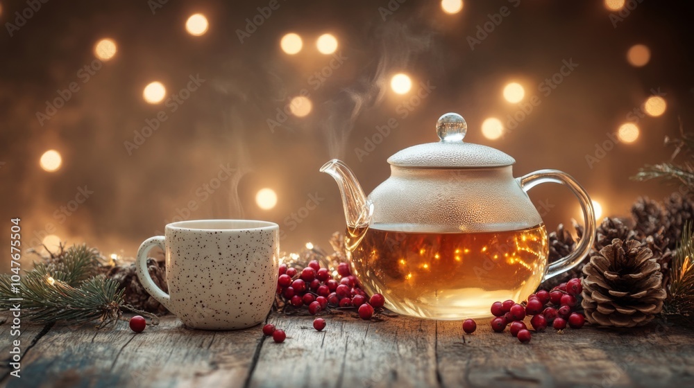 Fototapeta premium A steaming teapot sits beside a cozy cup, both placed on a rustic wooden table. Surrounding them are holiday decorations, including pinecones and red berries, with warm lights in the background.