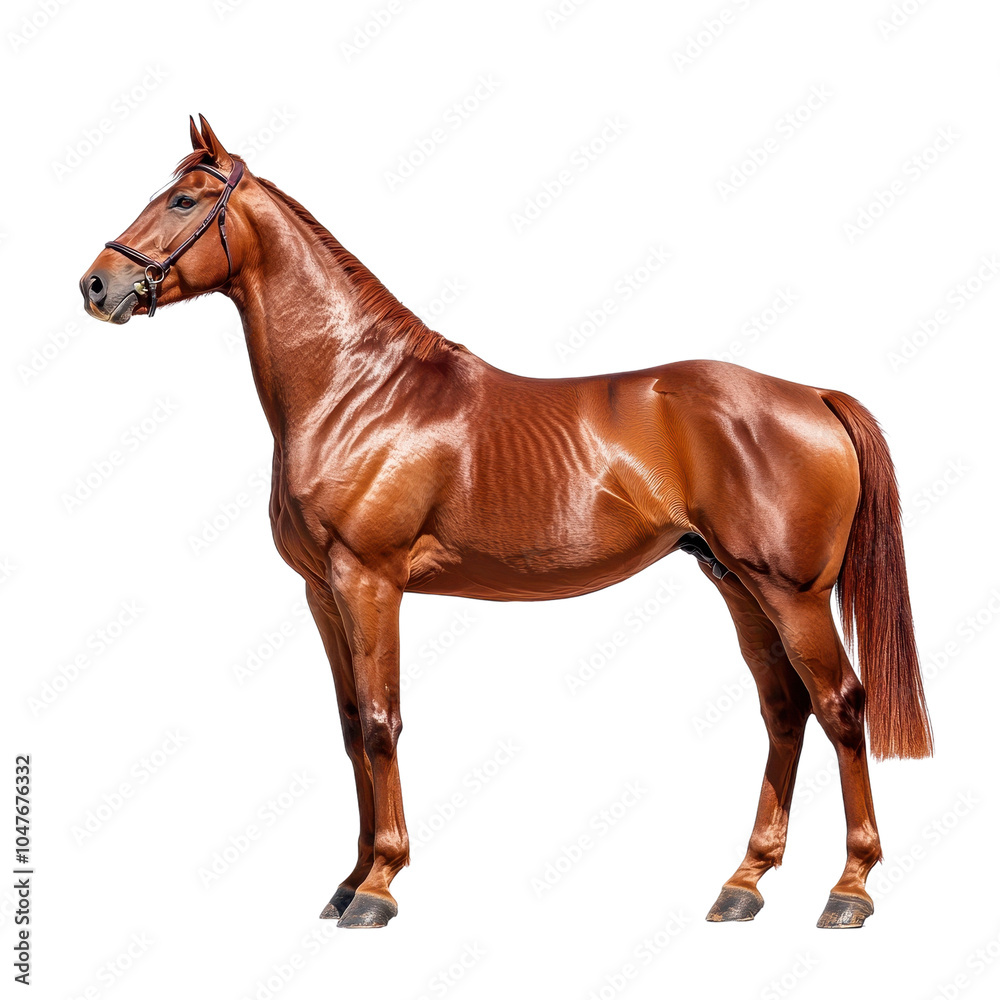 Fototapeta premium A majestic brown horse standing proudly against a white isolated background.