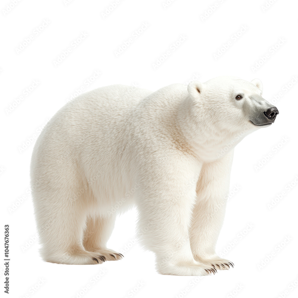 Fototapeta premium A polar bear standing gracefully on a white isolated background, showcasing its fluffy white fur.