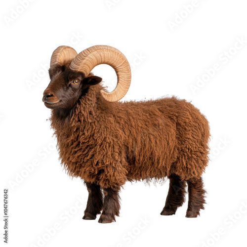 A majestic brown ram with thick wool and impressive curved horns, isolated on a white background. photo