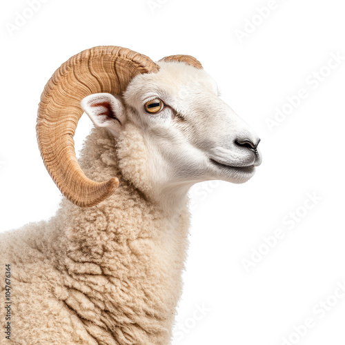 A majestic ram with impressive horns against a white isolate background. photo