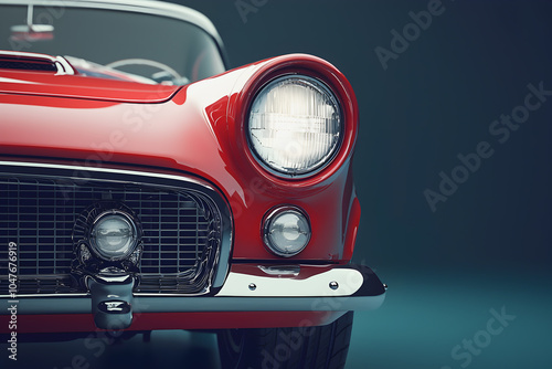 Close-up of the front of a classic red car with chrome details and round headlights. 