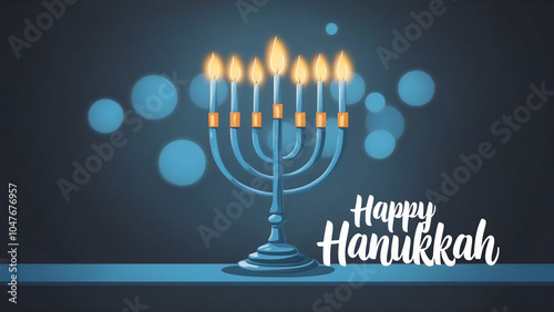 A traditional Hanukkah menorah with lit candles on table and glowing bokeh lights behind, 