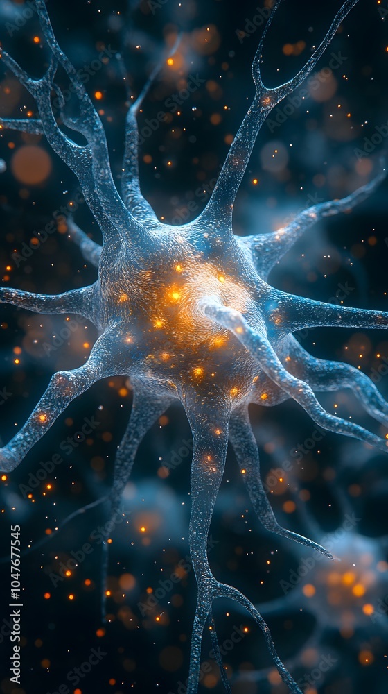 Stunning Close-Up of a Neuron with Neon Effects Stunning Close-Up of a Neuron with Neon Effects