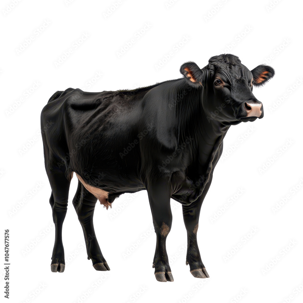 Black cow standing against a white isolated background. Black cow standing against a white isolated background.