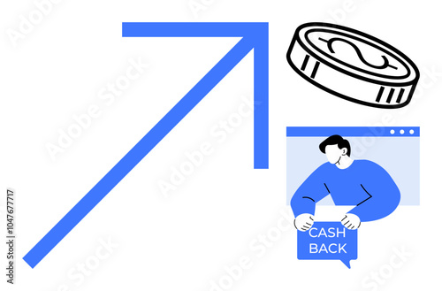 Blue arrow pointing upwards, a coin, and a person receiving cashback in a modern flat design. Ideal for financial growth, investment returns, cashback offers, economic success, and reward programs