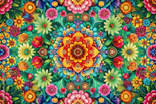 Symmetrical abstract wallpaper with vivid colors and floral shapes
