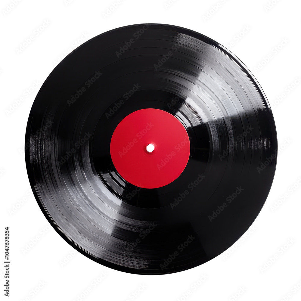 Obraz premium Classic vinyl record with a bright red label on a white isolated background.