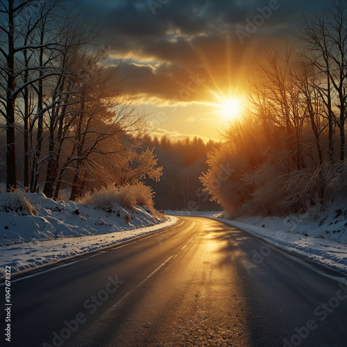 Sunset in winter. A winding road through the forest. Generative AI photo