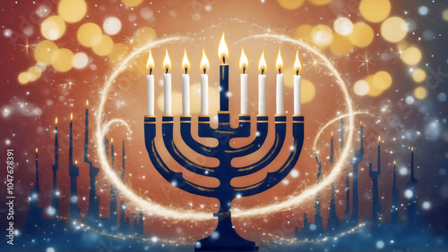 A mesmerizing, cinematic illustration of a festive Hanukkah scene, menorah with lit candles is center, surrounded by swirling sparks and sparkling little stars,golden bokeh lights and snow background photo