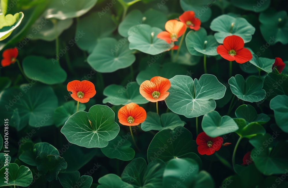 A bunch of green leaves with red flowers in the middle A bunch of green leaves with red flowers in the middle