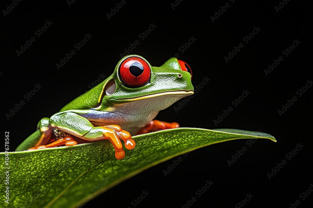 A green frog with red eyes is sitting on a leaf A green frog with red eyes is sitting on a leaf