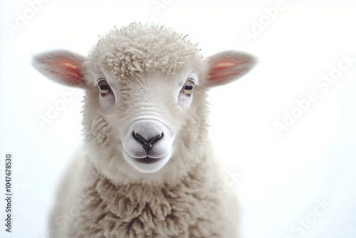 Portrait of a young sheep with snowflakes on its fur in a winter landscape du...