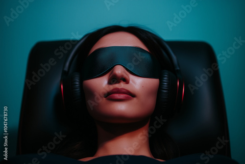 Young woman experiencing psychedelic ketamine therapy, wearing headphones and eye mask for enhanced sensory experience