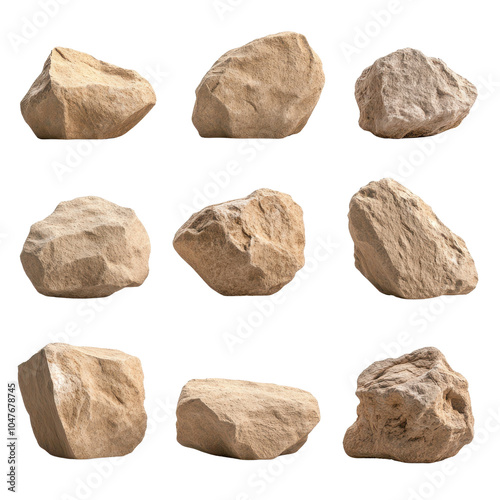 Collection of unique rocks on a white isolated background.