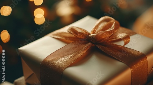 A close-up of a gift box wrapped in elegant paper, adorned with a ribbon, symbolizing appreciation and love for womena??s contributions. photo