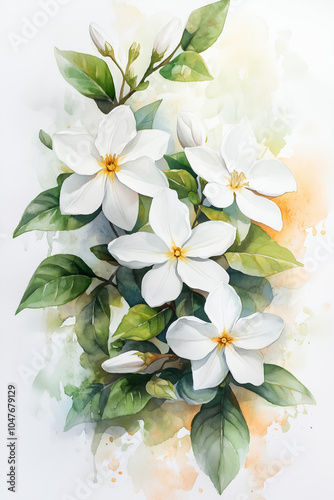 Watercolor painting of a soft white jasmine flower.