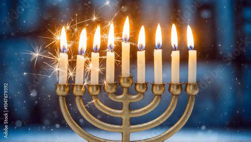 A vibrant close-up illustration of a gold menorah with nine lit candles, magical sparks and sparkling little stars,set against a magical snowy scene filled with blue bokeh and blurry effect background