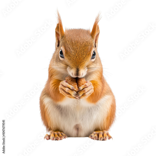 Cute squirrel holding a nut, white isolated background. photo