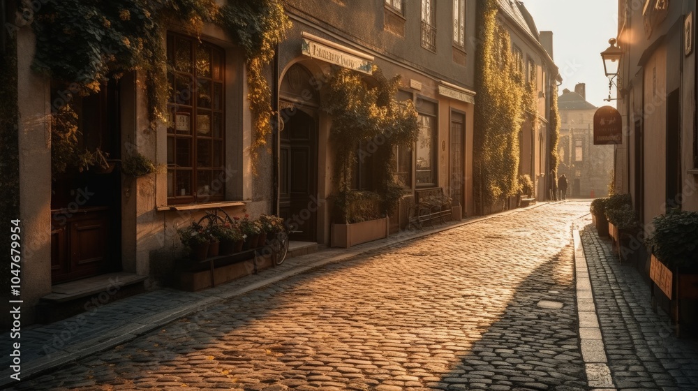 Sunlit cobblestone street with ivy-covered buildings Sunlit cobblestone street with ivy-covered buildings