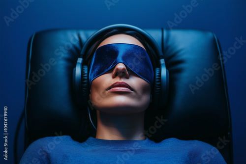 Patient relaxing in a comfortable chair, wearing headphones and an eye mask, during a ketamine therapy session