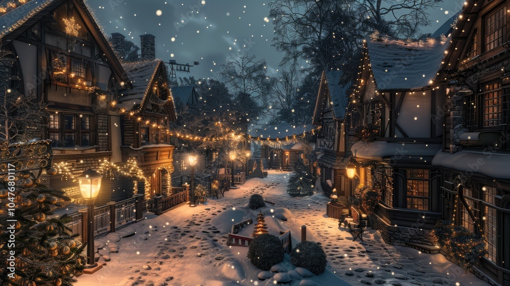 A picturesque winter scene of an old European village, adorned A picturesque winter scene of an old European village, adorned