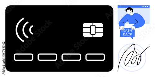 Black credit card highlighting contactless payment with a chip, accompanied by a person on a screen showing cashback feature and a digital signature beneath. Ideal for finance, banking, e-commerce