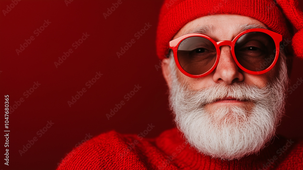 Stylish santa claus in red sunglasses, beanie, and sweater posing on festive red background for christmas portrait Stylish santa claus in red sunglasses, beanie, and sweater posing on festive red background for christmas portrait