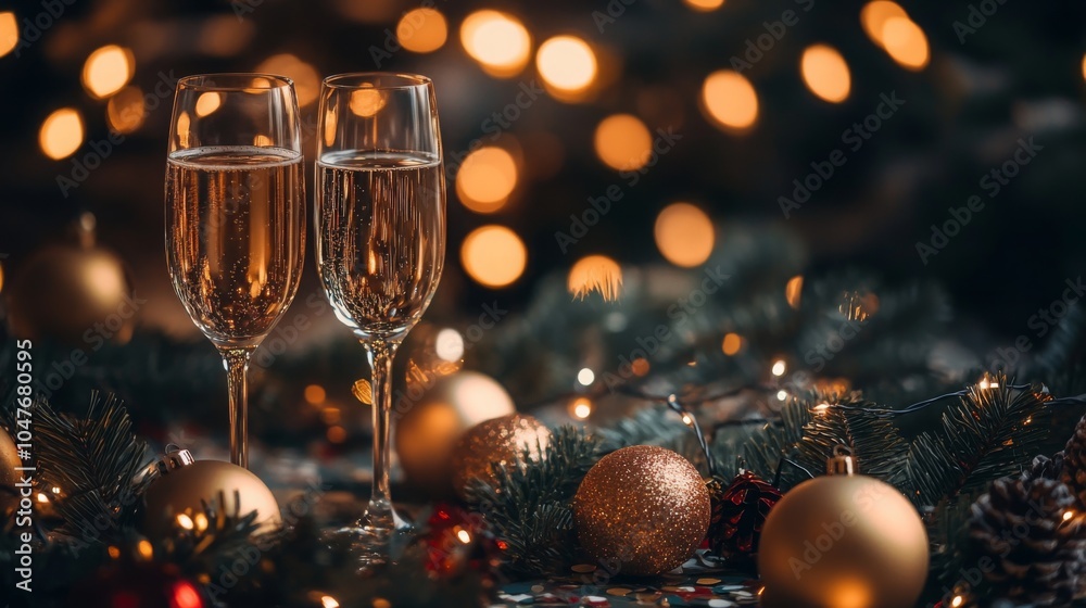 Two elegant champagne flutes filled with sparkling wine sit surrounded by Christmas ornaments and lights, creating a warm and inviting atmosphere perfect for celebration during the holiday season. Two elegant champagne flutes filled with sparkling wine sit surrounded by Christmas ornaments and lights, creating a warm and inviting atmosphere perfect for celebration during the holiday season.