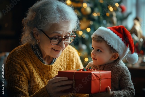 Happy grandmother celebrating Christmas with her joyful grandchild by the dec...