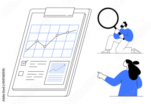 Large clipboard displaying a graph with two people, one holding a magnifying glass and another pointing at the graph. Ideal for data analysis, business presentations, financial reports, education