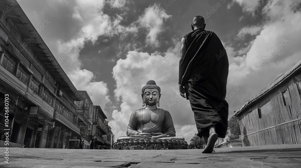 A Buddhist monk walks towards a large statue of Buddha in a street in Bhutan, Asia. A Buddhist monk walks towards a large statue of Buddha in a street in Bhutan, Asia.