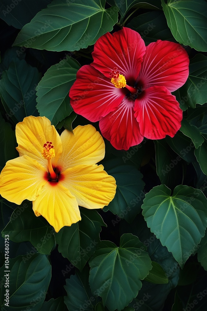 Two yellow and red flowers are in a green leafy background Two yellow and red flowers are in a green leafy background