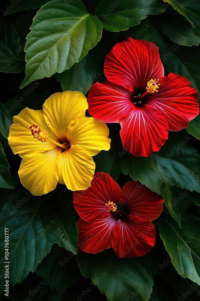 Three red, yellow and orange flowers are shown in a close up Three red, yellow and orange flowers are shown in a close up