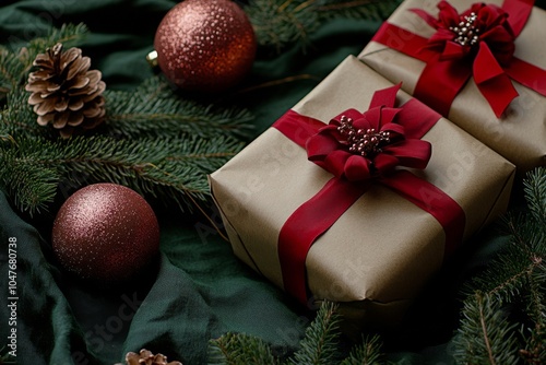Decorative holiday setting with red ornaments, green gift wrap, and pinecones...
