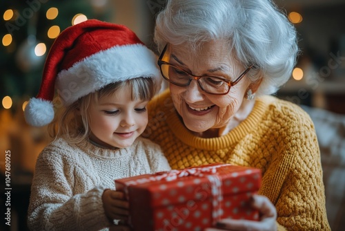 Happy grandmother celebrating Christmas with her joyful grandchild by the dec...