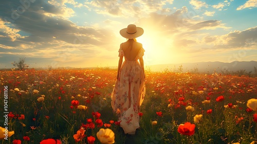 Woman in a white dress and hat walks through a field of red poppies at sunset.