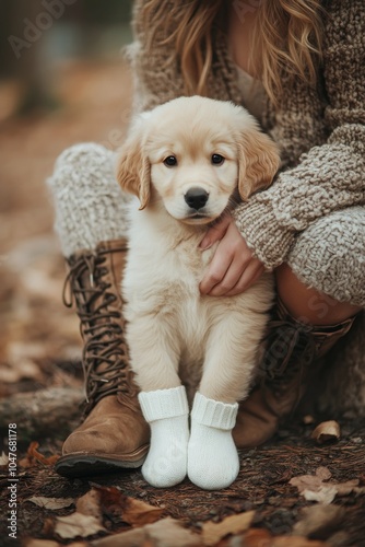 Cute golden retriever puppy sitting beside a person in cozy boots among autum...