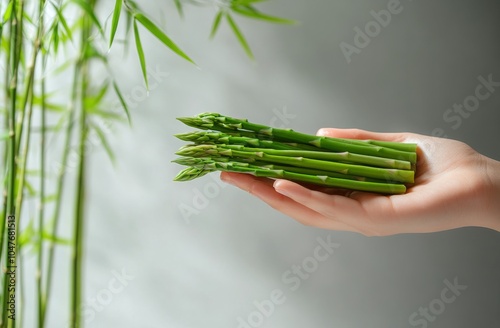 Fresh asparagus held in hand with green bamboo leaves in the background in na...