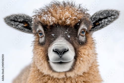 Portrait of a young sheep with snowflakes on its fur in a winter landscape du...