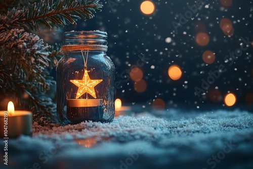 A cozy winter evening with a glowing candle jar and gentle snowfall