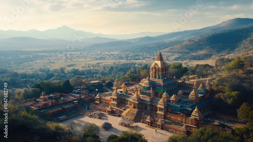 A panoramic view of the Chamundi Temple complex, highlighting the vibrant colors of the temple against the backdrop of rolling hills. photo