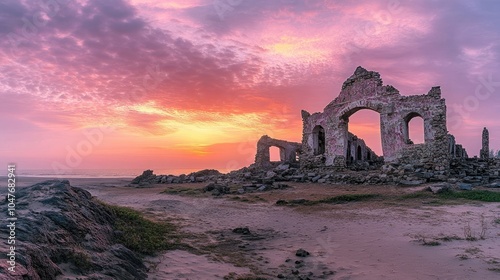 A panoramic view of the ruins of Dhanushkodi under a vibrant sunset sky.