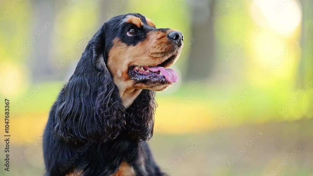 Majestic black and tan English Spaniel in slow-motion 4K, nature as the backdrop. Majestic black and tan English Spaniel in slow-motion 4K, nature as the backdrop.
